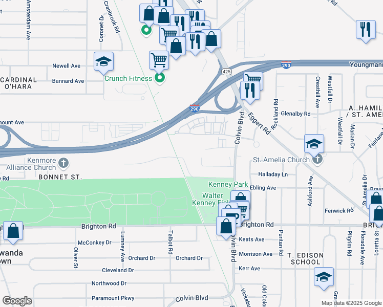 map of restaurants, bars, coffee shops, grocery stores, and more near 300 Colvin Woods Parkway in Tonawanda