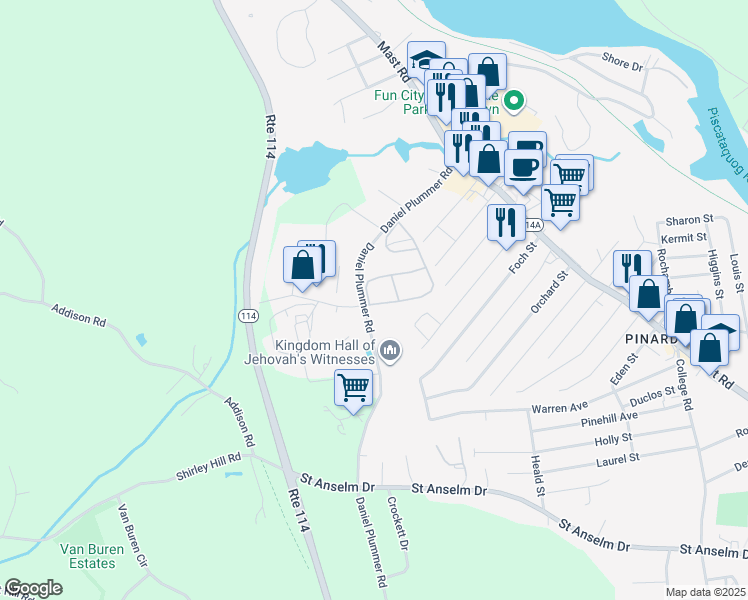 map of restaurants, bars, coffee shops, grocery stores, and more near 18 Oakwood Circle in Goffstown