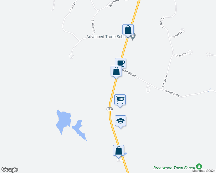 map of restaurants, bars, coffee shops, grocery stores, and more near 306 New Hampshire 125 in Brentwood