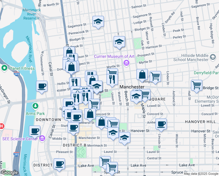 map of restaurants, bars, coffee shops, grocery stores, and more near 143 Pearl Street in Manchester