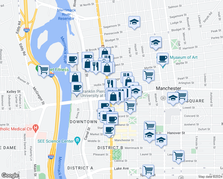 map of restaurants, bars, coffee shops, grocery stores, and more near 1243 Elm Street in Manchester