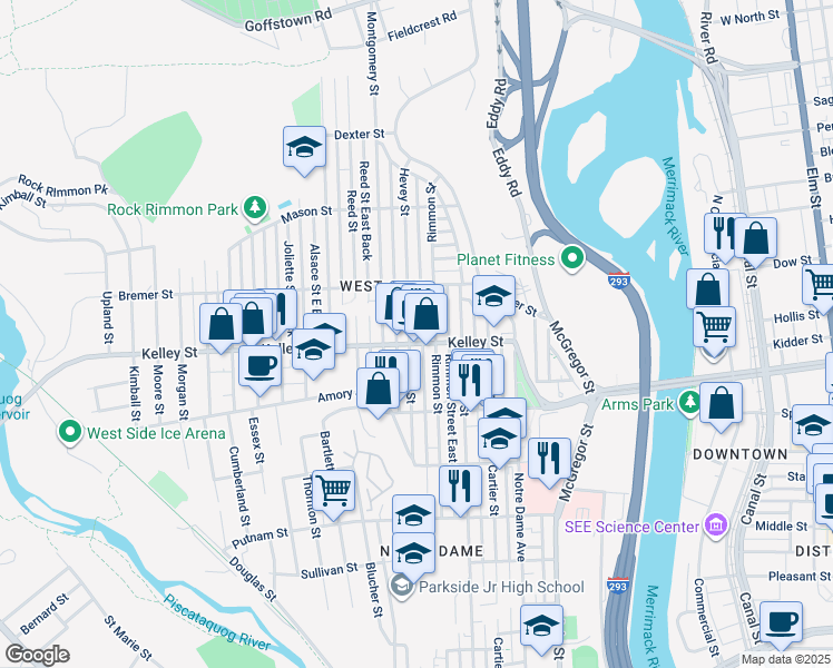 map of restaurants, bars, coffee shops, grocery stores, and more near 577 Hevey Street in Manchester
