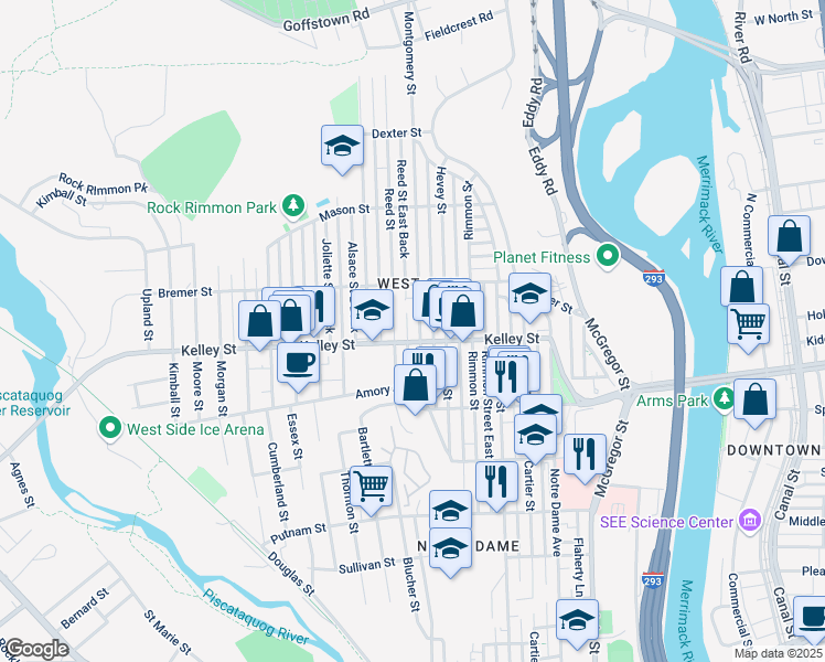 map of restaurants, bars, coffee shops, grocery stores, and more near 634 Montgomery Street in Manchester