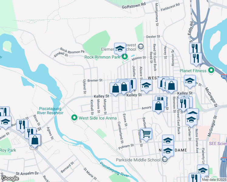 map of restaurants, bars, coffee shops, grocery stores, and more near 148 Boutwell Street in Manchester
