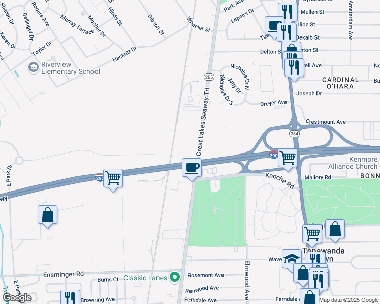 map of restaurants, bars, coffee shops, grocery stores, and more near 2200 Military Road in Tonawanda