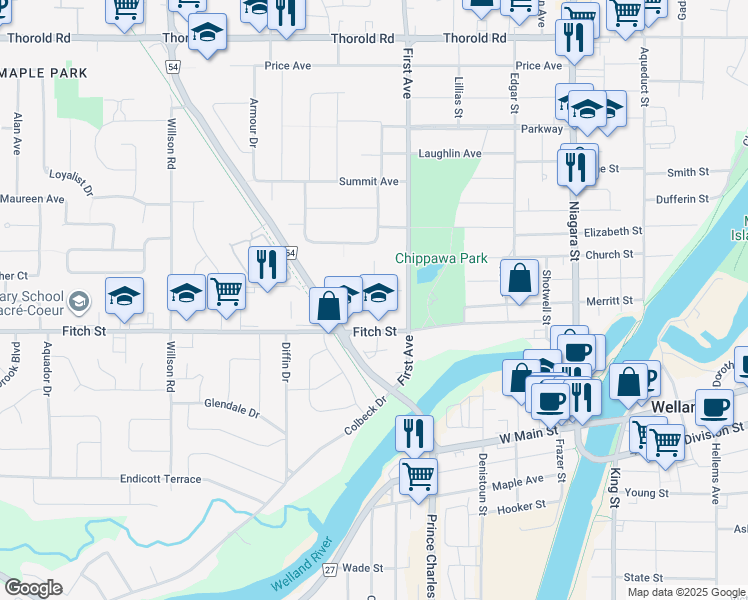 map of restaurants, bars, coffee shops, grocery stores, and more near 85 First Avenue in Welland