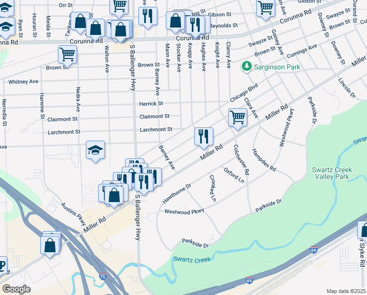 map of restaurants, bars, coffee shops, grocery stores, and more near 3117 Brandon Street in Flint