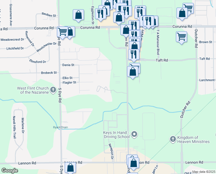 map of restaurants, bars, coffee shops, grocery stores, and more near 2521 White Oak Place in Flint