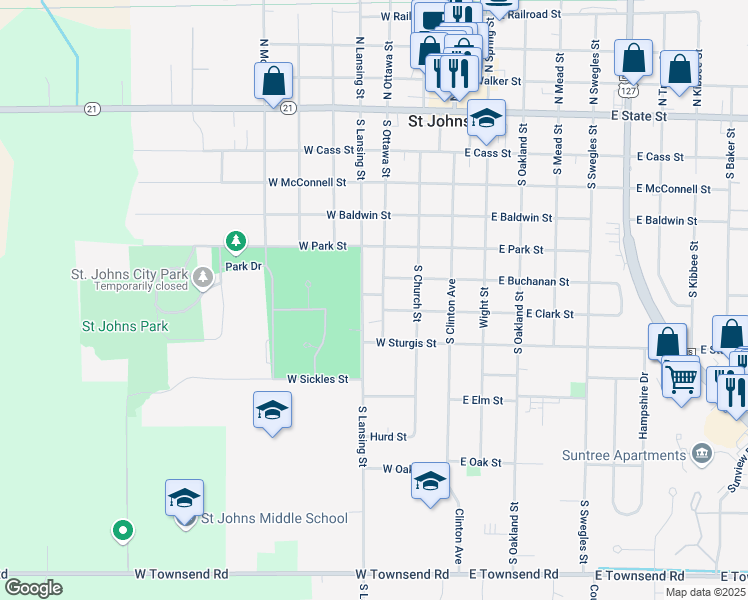 map of restaurants, bars, coffee shops, grocery stores, and more near 611 South Lansing Street in Saint Johns