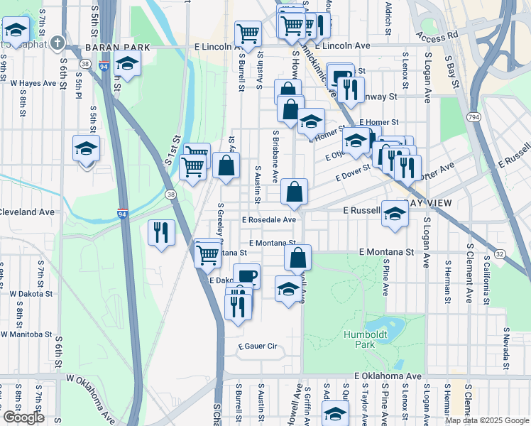 map of restaurants, bars, coffee shops, grocery stores, and more near 332 East Dover Street in Milwaukee