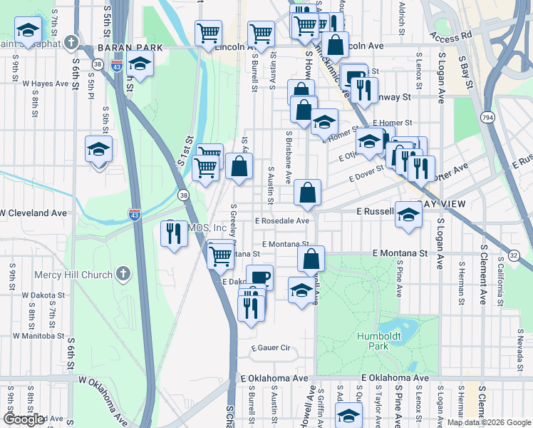 map of restaurants, bars, coffee shops, grocery stores, and more near 2629 South Austin Street in Milwaukee