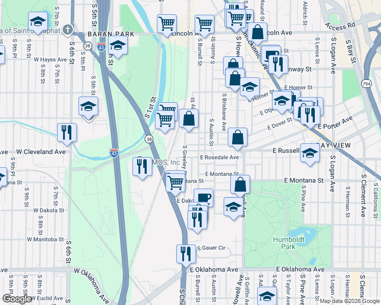 map of restaurants, bars, coffee shops, grocery stores, and more near 2650 South Greeley Street in Milwaukee