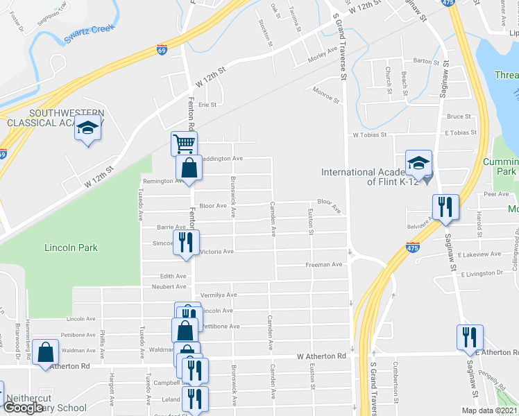 map of restaurants, bars, coffee shops, grocery stores, and more near 819 Bloor Avenue in Flint