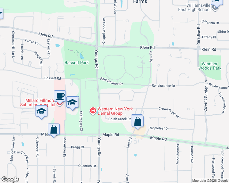 map of restaurants, bars, coffee shops, grocery stores, and more near 1105 Youngs Road in Buffalo