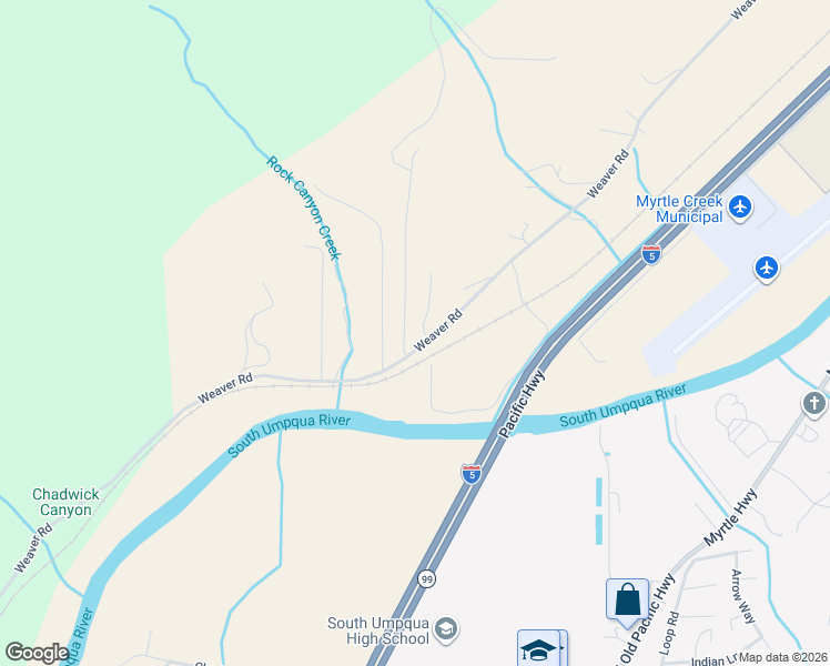 map of restaurants, bars, coffee shops, grocery stores, and more near 1575 Weaver Road in Myrtle Creek