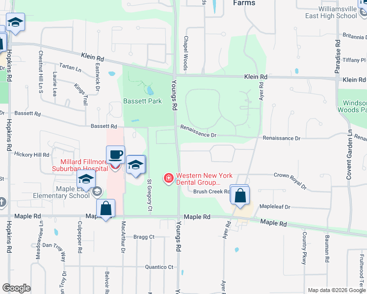 map of restaurants, bars, coffee shops, grocery stores, and more near 1075 Youngs Road in Buffalo