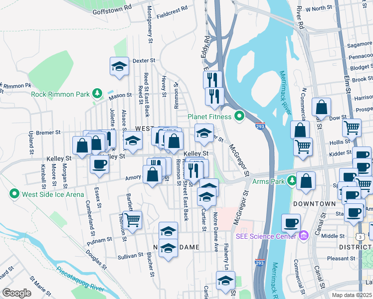 map of restaurants, bars, coffee shops, grocery stores, and more near 554 Dubuque Street in Manchester