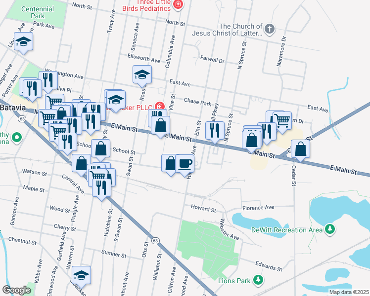 map of restaurants, bars, coffee shops, grocery stores, and more near 434 East Main Street in Batavia