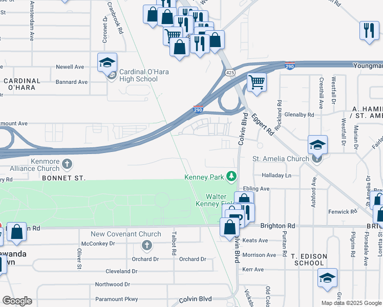 map of restaurants, bars, coffee shops, grocery stores, and more near 300 Colvin Woods Parkway in Tonawanda