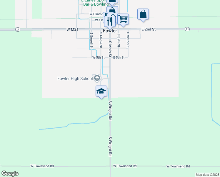 map of restaurants, bars, coffee shops, grocery stores, and more near 700 South Main Street in Fowler