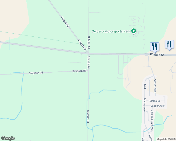 map of restaurants, bars, coffee shops, grocery stores, and more near 3000 Simpson Road in Owosso