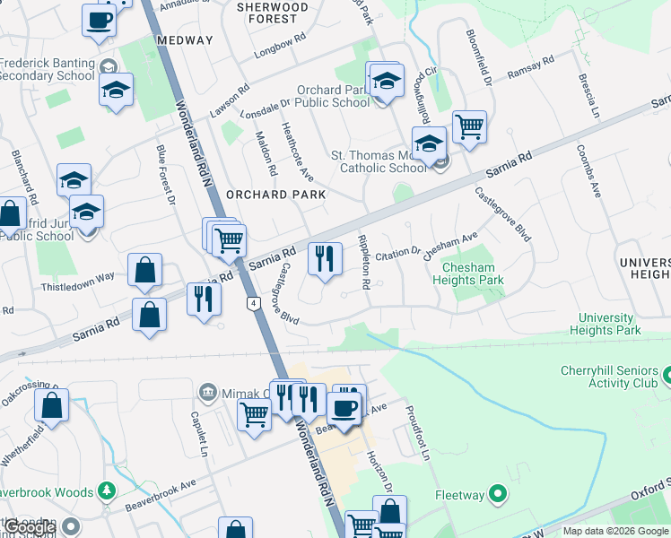 map of restaurants, bars, coffee shops, grocery stores, and more near 131 Paperbirch Crescent in London
