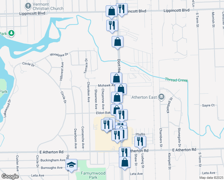 map of restaurants, bars, coffee shops, grocery stores, and more near 2913 Menominee Avenue in Flint