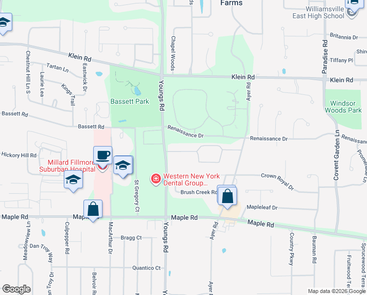 map of restaurants, bars, coffee shops, grocery stores, and more near 1095 Youngs Road in Buffalo