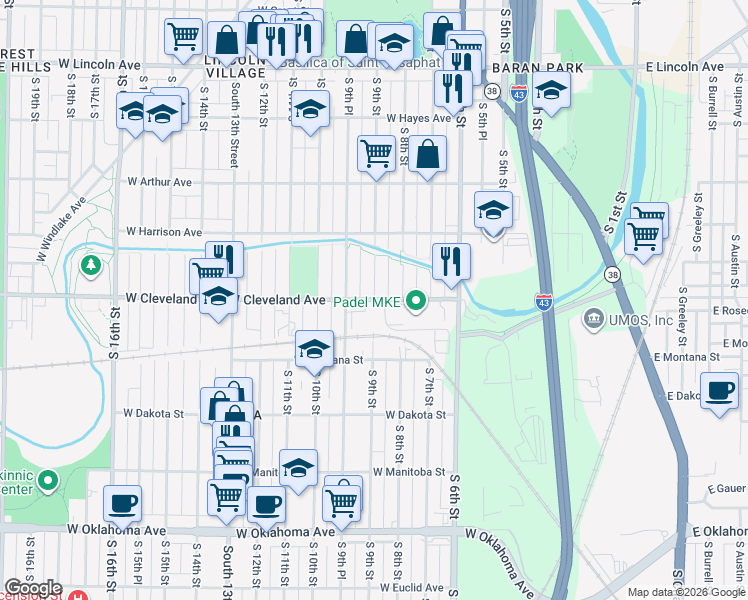 map of restaurants, bars, coffee shops, grocery stores, and more near West Cleveland Avenue & South 9th Street in Milwaukee