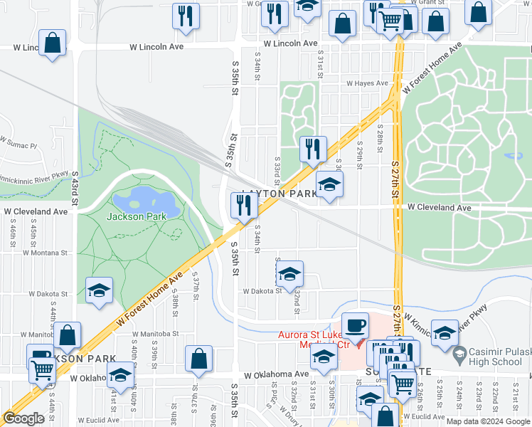 map of restaurants, bars, coffee shops, grocery stores, and more near 3263 West Forest Home Avenue in Milwaukee