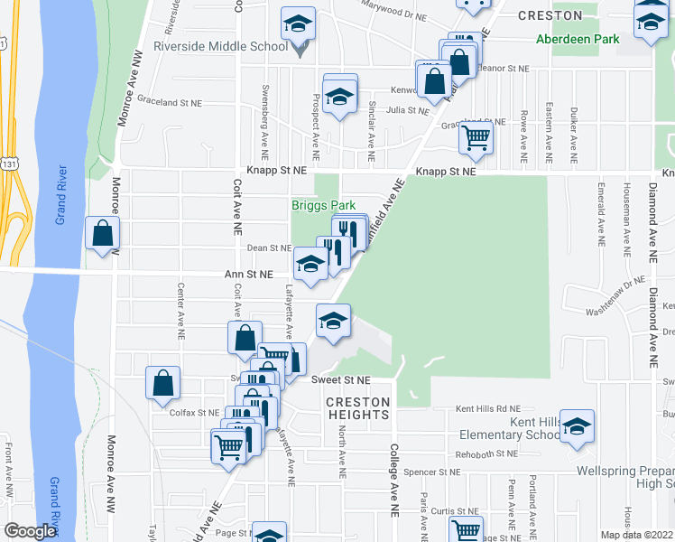 map of restaurants, bars, coffee shops, grocery stores, and more near 1803 Oakwood Avenue Northeast in Grand Rapids