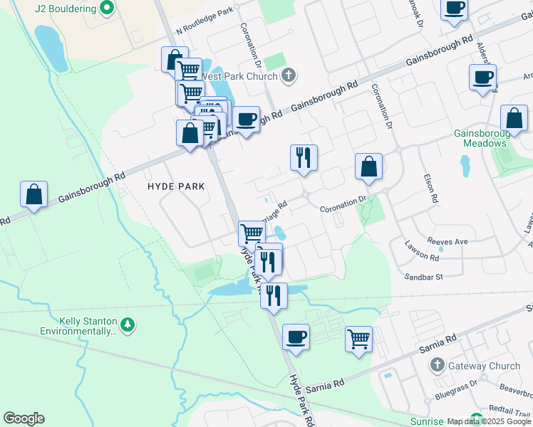 map of restaurants, bars, coffee shops, grocery stores, and more near 250 South Carriage Road in London