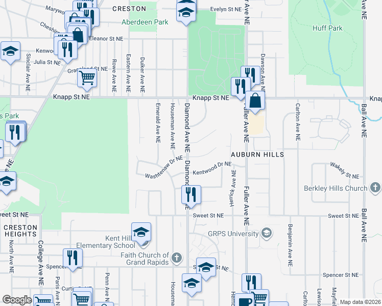map of restaurants, bars, coffee shops, grocery stores, and more near 1020 Lockridge Drive Northeast in Grand Rapids