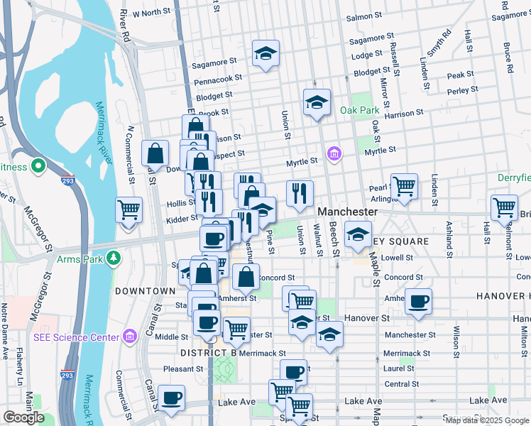 map of restaurants, bars, coffee shops, grocery stores, and more near 488 Pine Street in Manchester