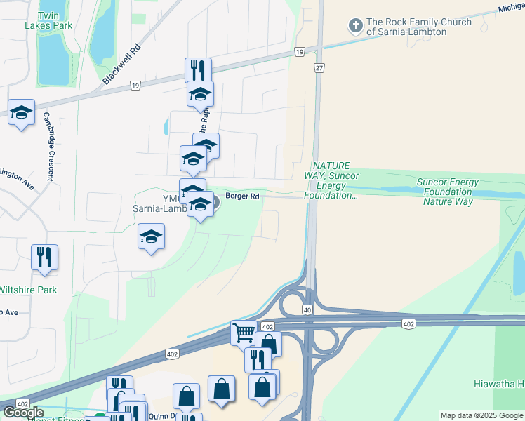 map of restaurants, bars, coffee shops, grocery stores, and more near Paolo Street in Sarnia