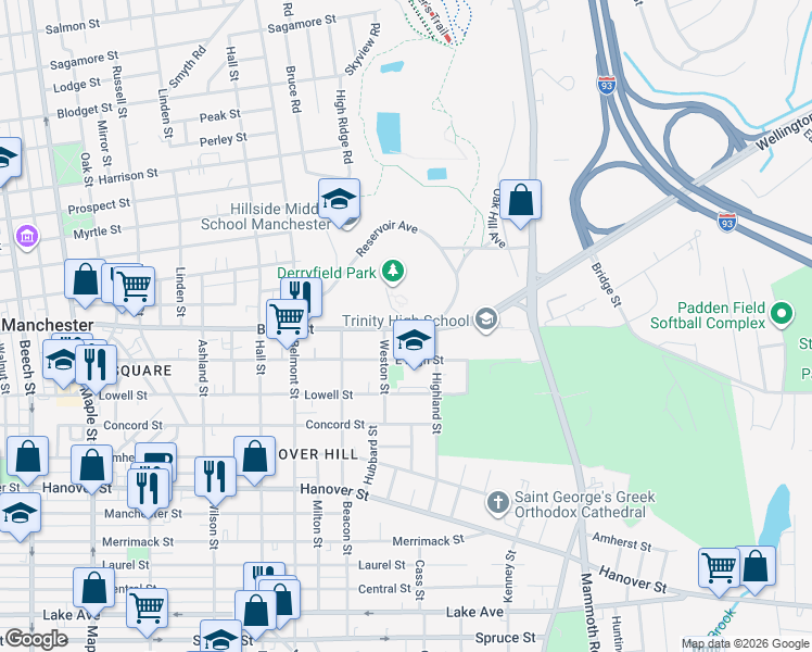 map of restaurants, bars, coffee shops, grocery stores, and more near 500 Bridge Street in Manchester