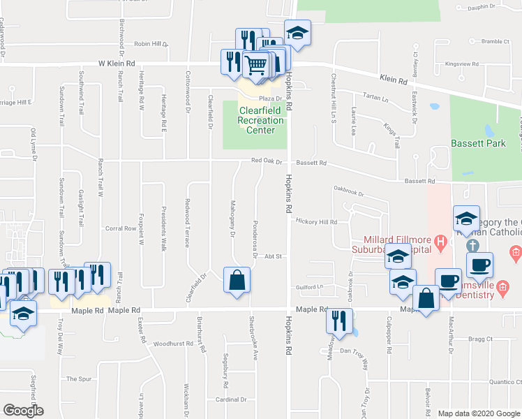 map of restaurants, bars, coffee shops, grocery stores, and more near 141 Ponderosa Drive in Buffalo