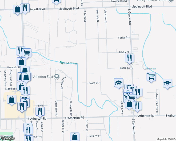 map of restaurants, bars, coffee shops, grocery stores, and more near 2301 South Term Street in Burton