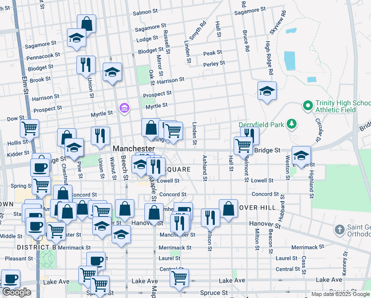 map of restaurants, bars, coffee shops, grocery stores, and more near 53 Arlington Street in Manchester