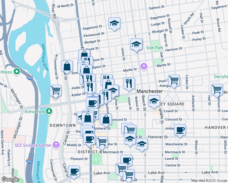 map of restaurants, bars, coffee shops, grocery stores, and more near 114 Pearl Street in Manchester