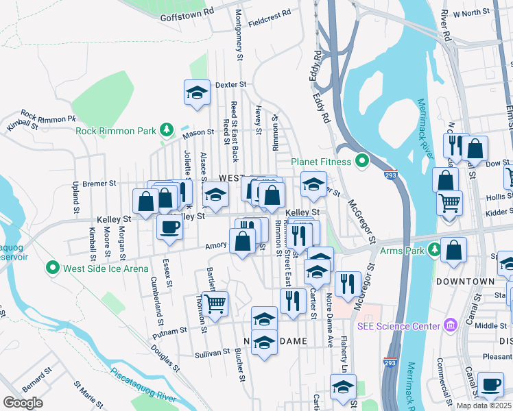 map of restaurants, bars, coffee shops, grocery stores, and more near 577 Hevey Street in Manchester