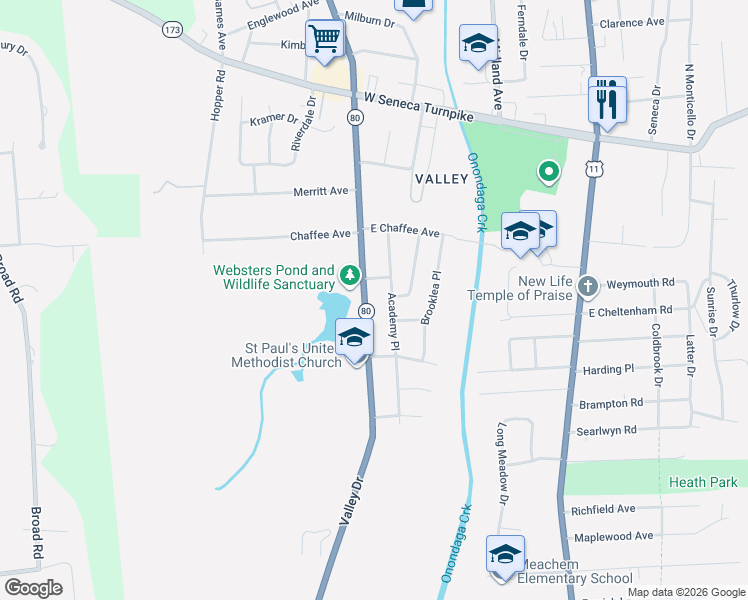 map of restaurants, bars, coffee shops, grocery stores, and more near 206 Academy Place in Syracuse