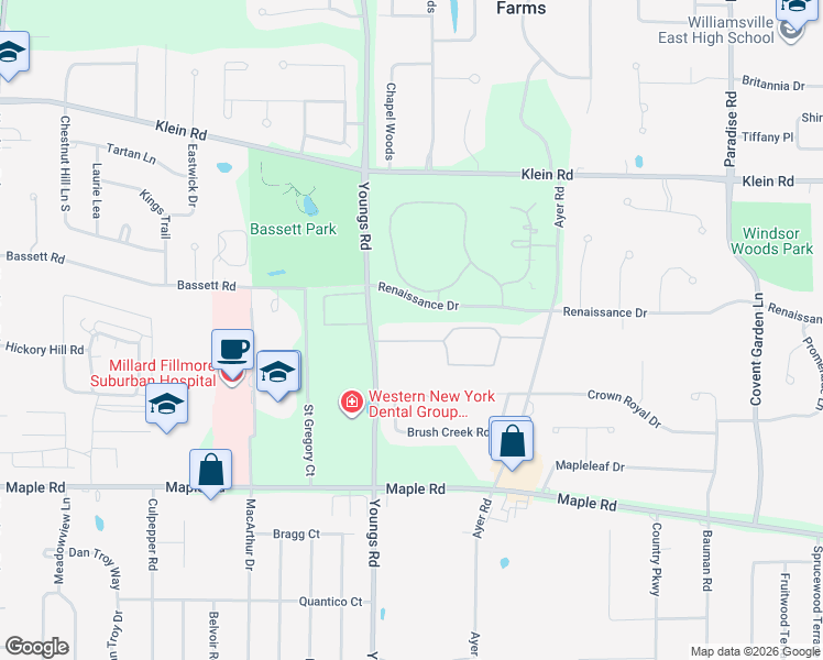 map of restaurants, bars, coffee shops, grocery stores, and more near 1095 Youngs Road in Buffalo