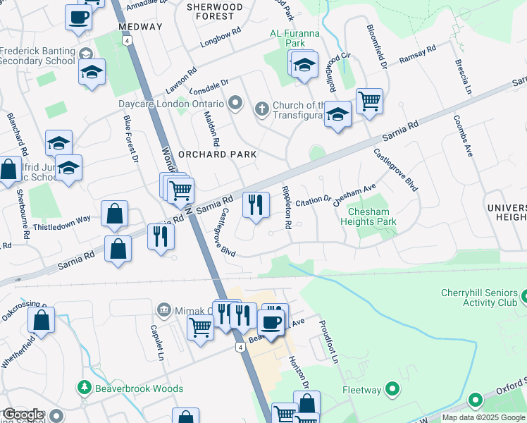 map of restaurants, bars, coffee shops, grocery stores, and more near 27 Paperbirch Crescent in London