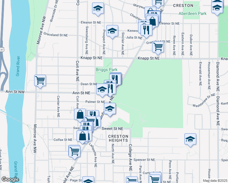 map of restaurants, bars, coffee shops, grocery stores, and more near 1821 Plainfield Avenue Northeast in Grand Rapids