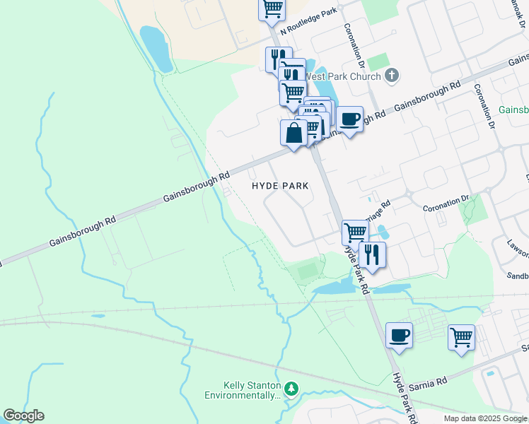 map of restaurants, bars, coffee shops, grocery stores, and more near 49 South Carriage Road in London