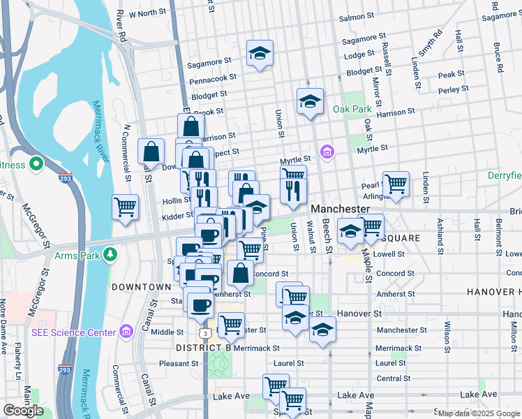 map of restaurants, bars, coffee shops, grocery stores, and more near 489 Pine St in Manchester