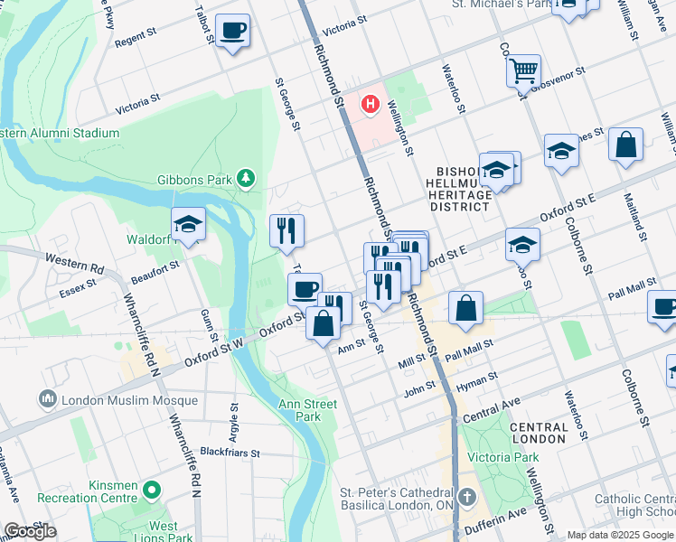 map of restaurants, bars, coffee shops, grocery stores, and more near 153 Sydenham Street in London