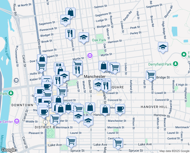 map of restaurants, bars, coffee shops, grocery stores, and more near Bridge Street & Ash Street in Manchester