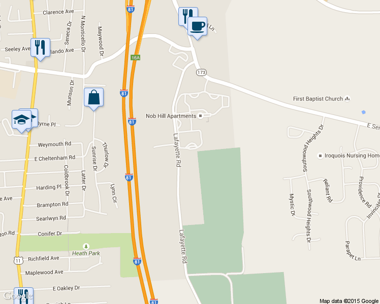 map of restaurants, bars, coffee shops, grocery stores, and more near 301 Lafayette Rd in Syracuse